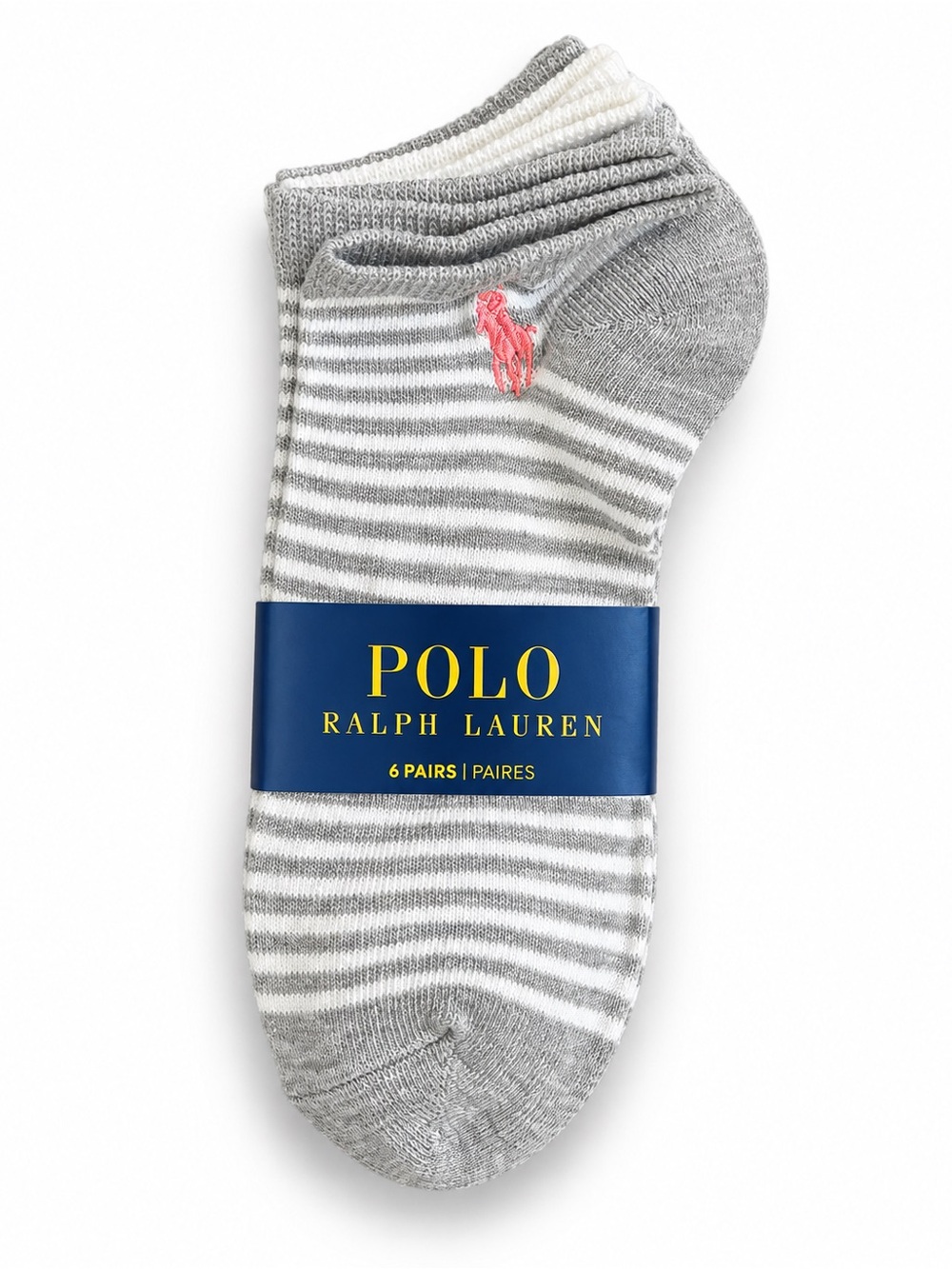 Polo by Ralph Lauren Gray & White Striped Low-Cut Socks with Pink Logo (6 Pack)